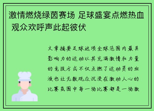 激情燃烧绿茵赛场 足球盛宴点燃热血 观众欢呼声此起彼伏