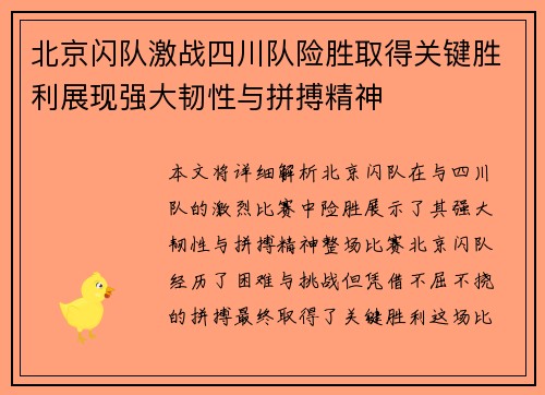 北京闪队激战四川队险胜取得关键胜利展现强大韧性与拼搏精神